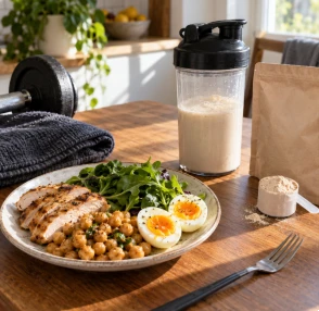 Plato con alimentos ricos en proteínas junto a un batido y una mancuerna