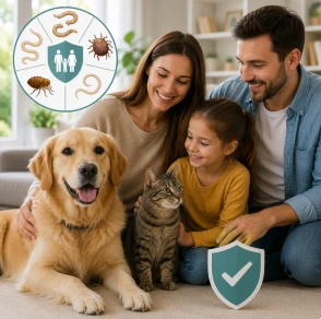 Perro y gato junto a una familia ilustrando la prevención de parásitos en mascotas y personas