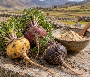 Maca peruana roja, negra y amarilla junto a un recipiente con maca en polvo