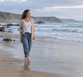 Mujer caminando junto al mar para mejorar su bienestar mental