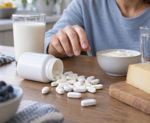 Suplementos de calcio junto a alimentos ricos en calcio y un vaso de agua