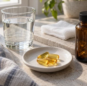 Cápsulas de omega 3 junto a un vaso de agua